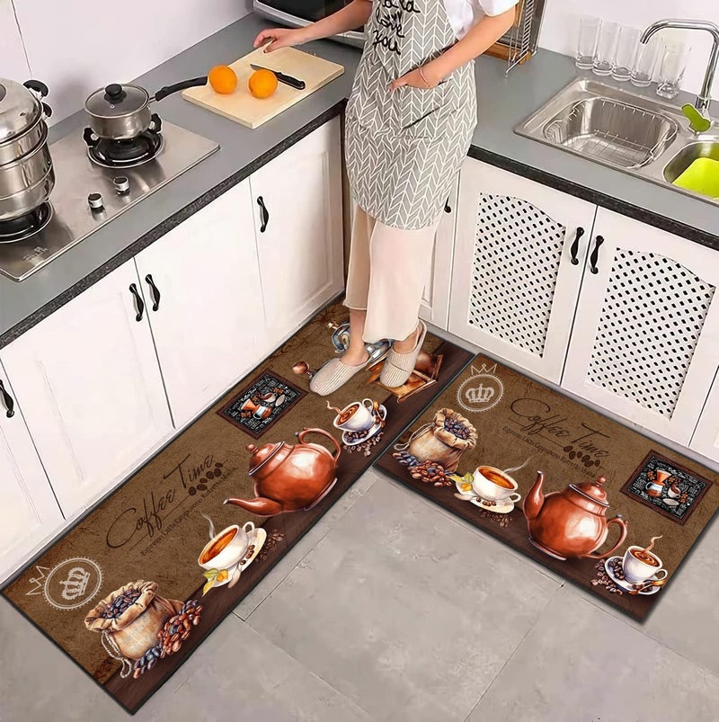UYDOXCU Brown Coffee Kitchen Rug 2 Piece Set, Vintage Farmhouse Decor Kitchen Floor Mat, Non-Slip Absorbent and Washable Home Decoration Carpet 17 * 30+17 * 47 Inches - Image 4